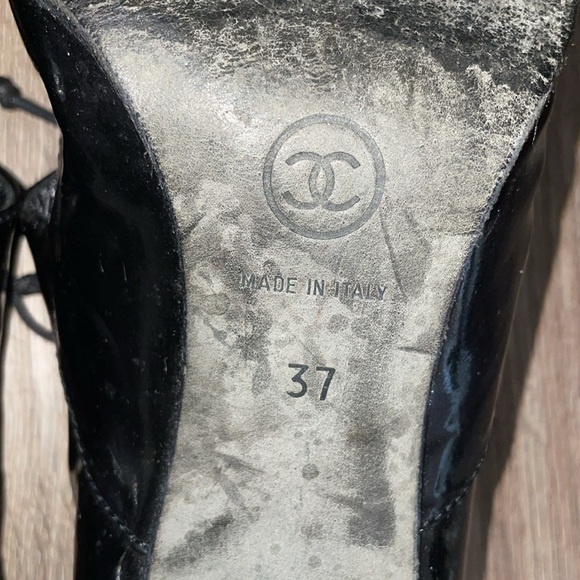 CHANEL BLACK PATENT LEATHER Lace Up HEEL OXFORD SHOES size - 37 - Picture 6 of 8